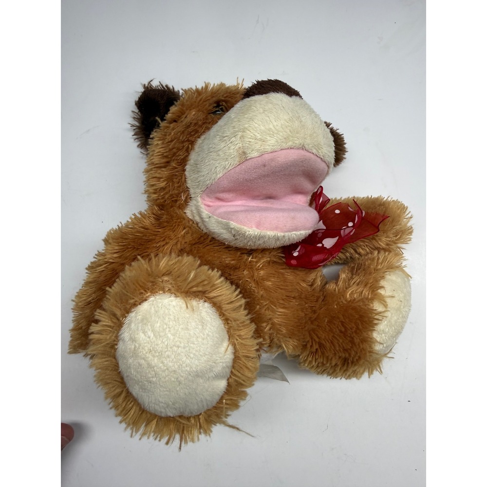 Plush Brown Dog sing puppet Shaggy Fur Red Heart Bow Movable Mouth Toy